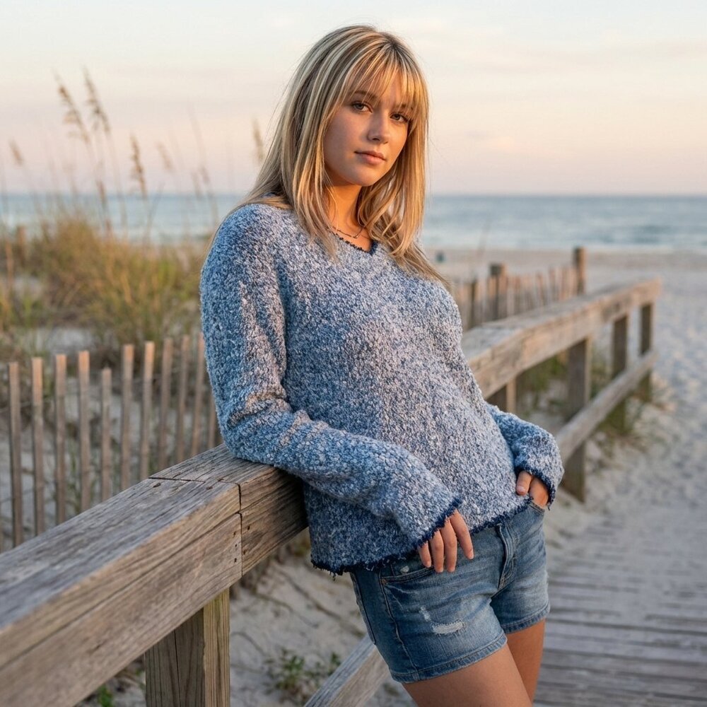 ILANCO Collection Vintage Blue Bouclé Knit V-Neck Sweater Womens Medium Cozy 90s